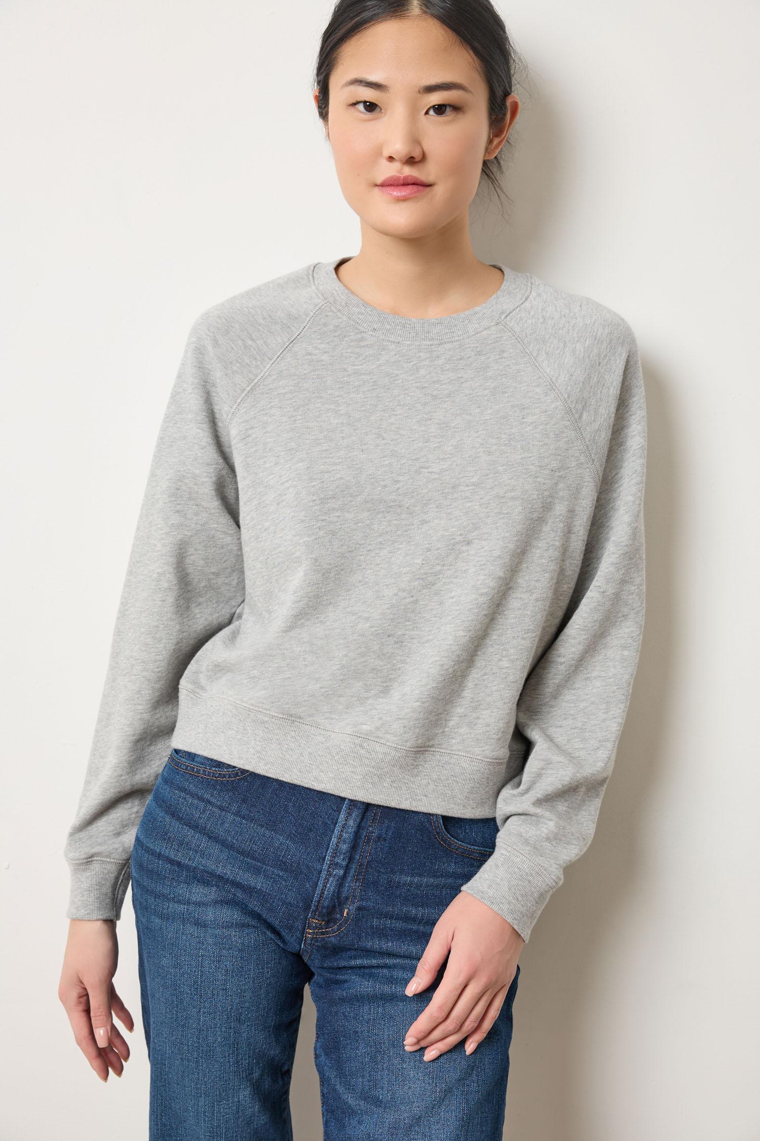 Lilla P Raglan Sweatshirt in French Terry cotton, neutral colorway with shorter length and raglan sleeves, modern pullover, front view