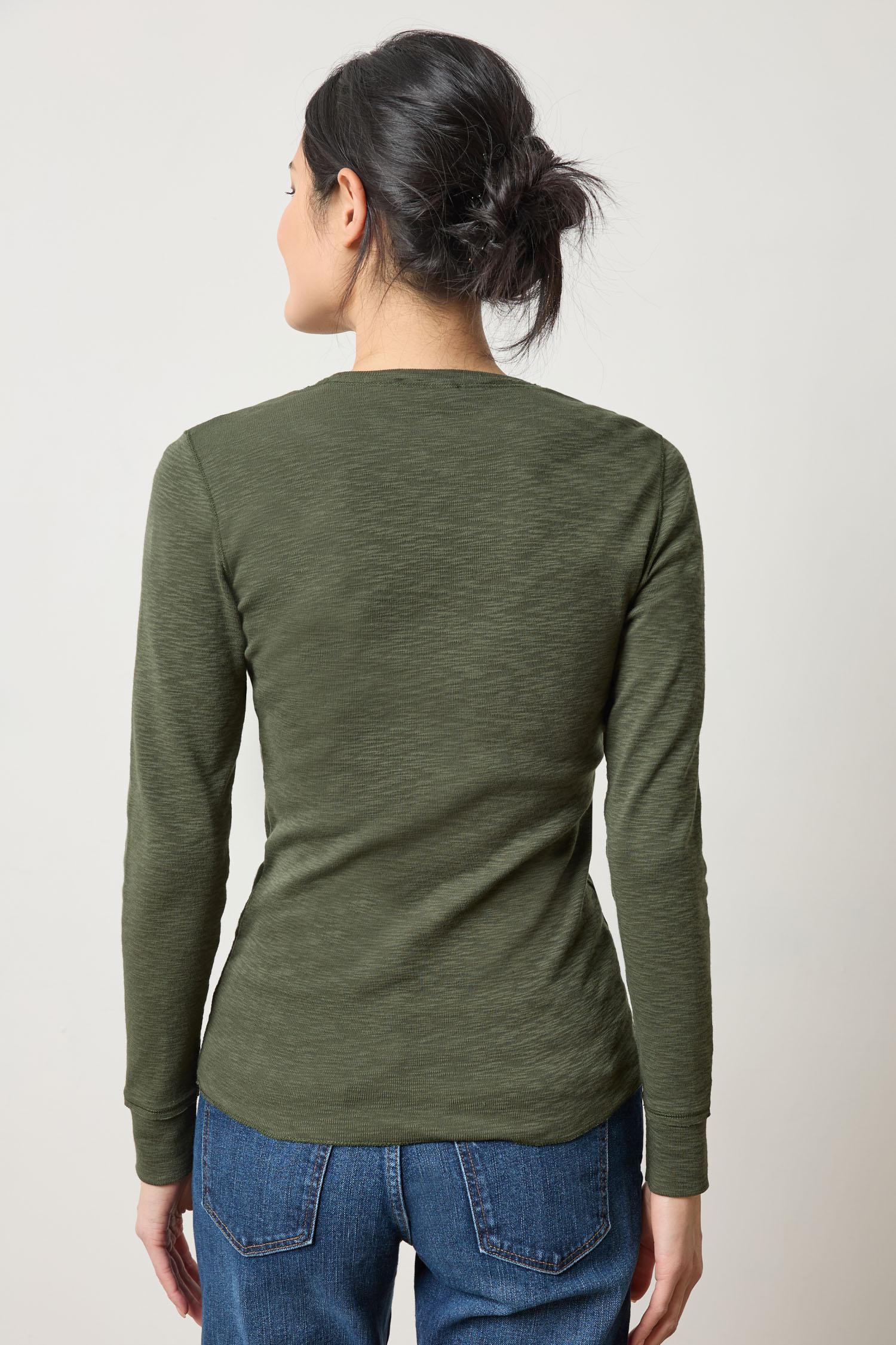Back view of Lilla P Rib Slub Long Sleeve Crew Neck Shirt, long sleeve ribbed women’s essential top