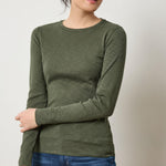Lilla P Rib Slub Long Sleeve Crew Neck Shirt, women’s fitted rib slub top with crew neckline and sleek silhouette in dark green