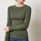 Lilla P Rib Slub Long Sleeve Crew Neck Shirt, women’s fitted rib slub top with crew neckline and sleek silhouette in dark green