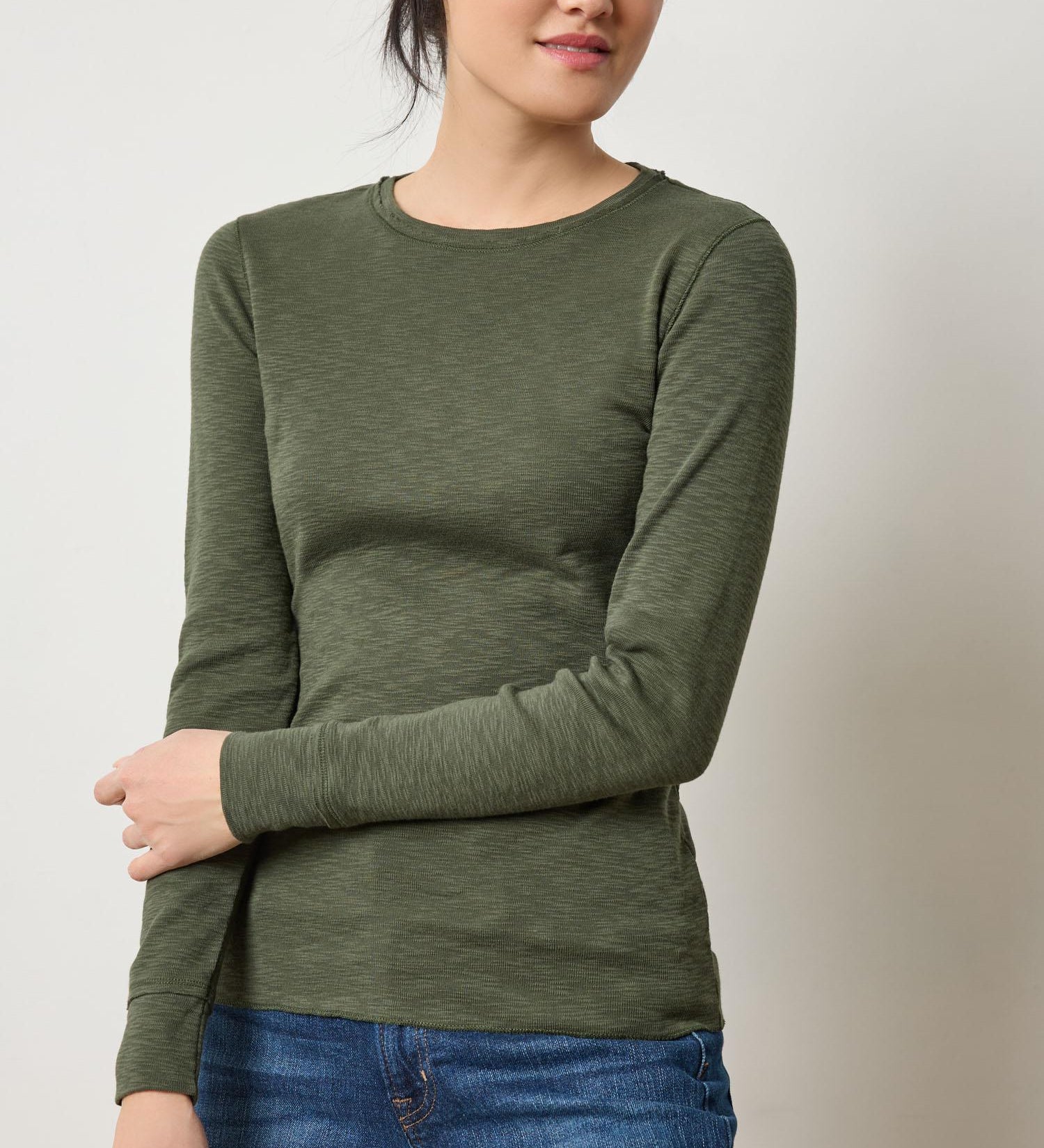 Lilla P Rib Slub Long Sleeve Crew Neck Shirt, women’s fitted rib slub top with crew neckline and sleek silhouette in dark green