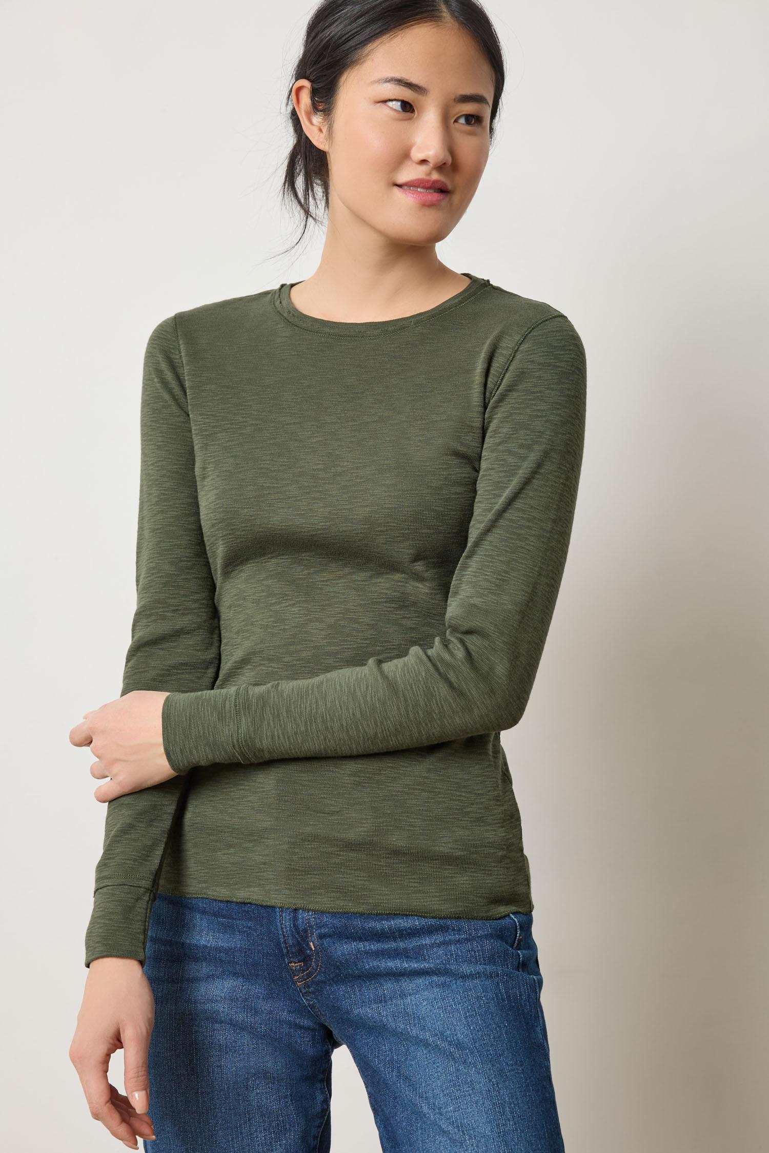 Lilla P Rib Slub Long Sleeve Crew Neck Shirt, women’s fitted rib slub top with crew neckline and sleek silhouette in dark green