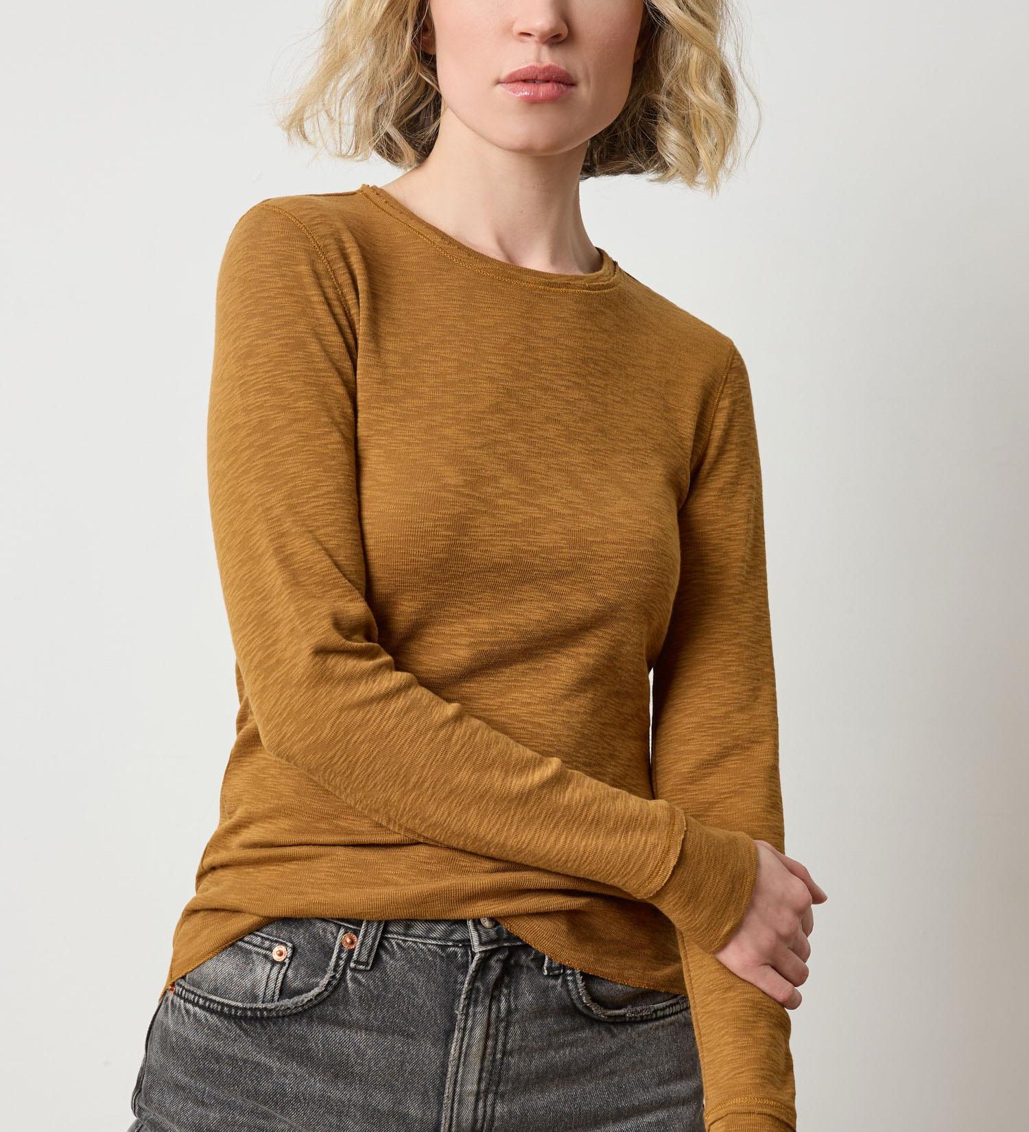 Lilla P Rib Slub Long Sleeve Crew Neck Shirt, women’s fitted rib slub top with crew neckline and sleek silhouette in dijon