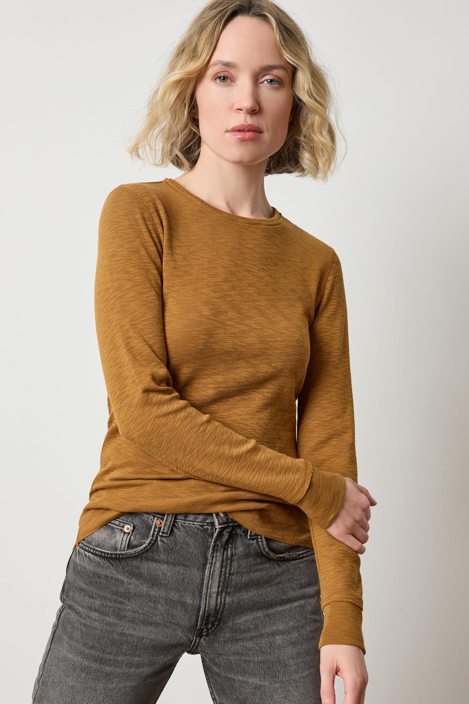 Lilla P Rib Slub Long Sleeve Crew Neck Shirt, women’s fitted rib slub top with crew neckline and sleek silhouette in dijon