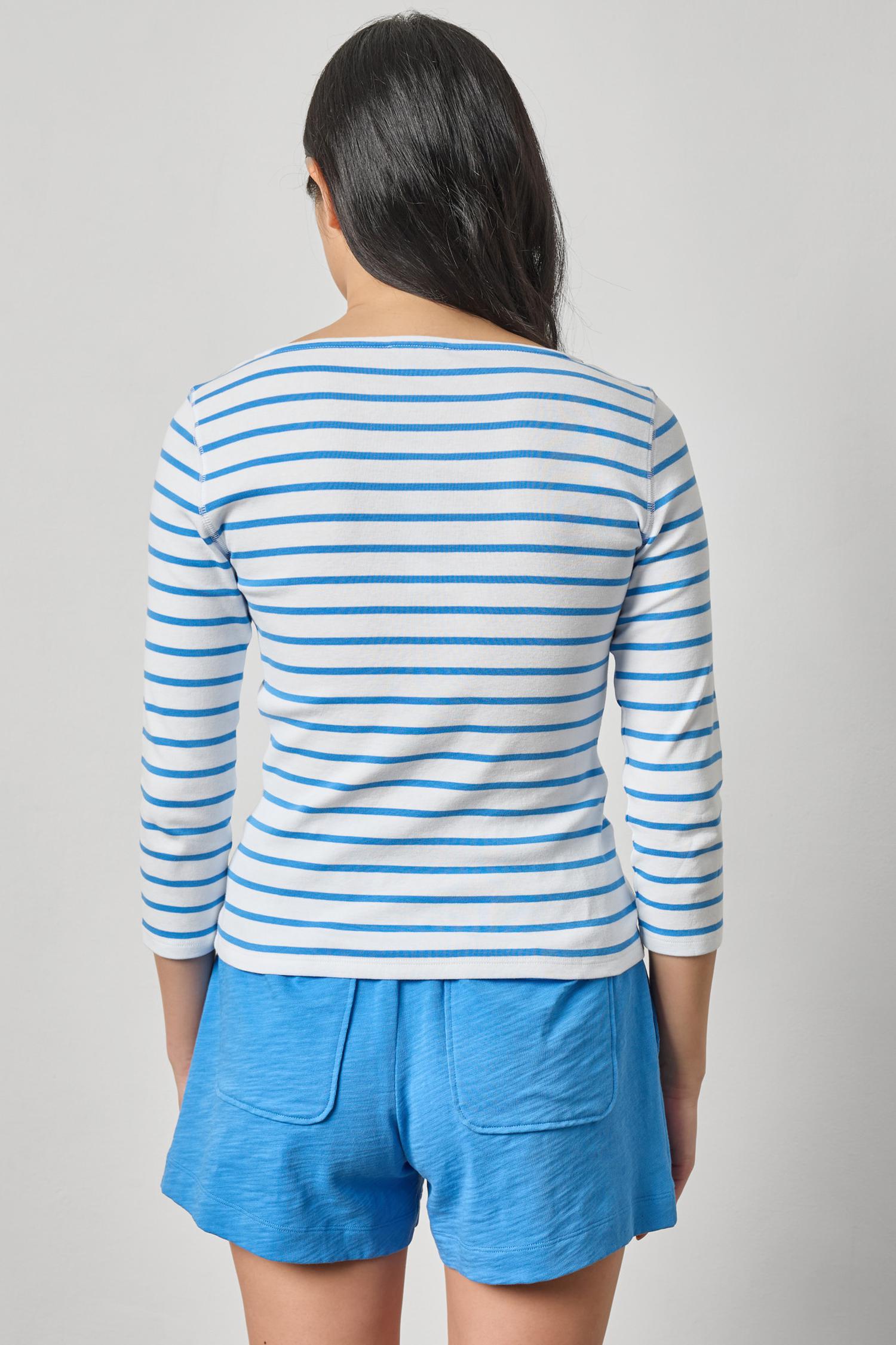 Back view of women's ribbed striped top by Lilla P with relaxed fit and structured fabric