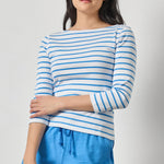 Women's striped cotton boatneck top by Lilla P with 3/4 sleeves and ribbed texture