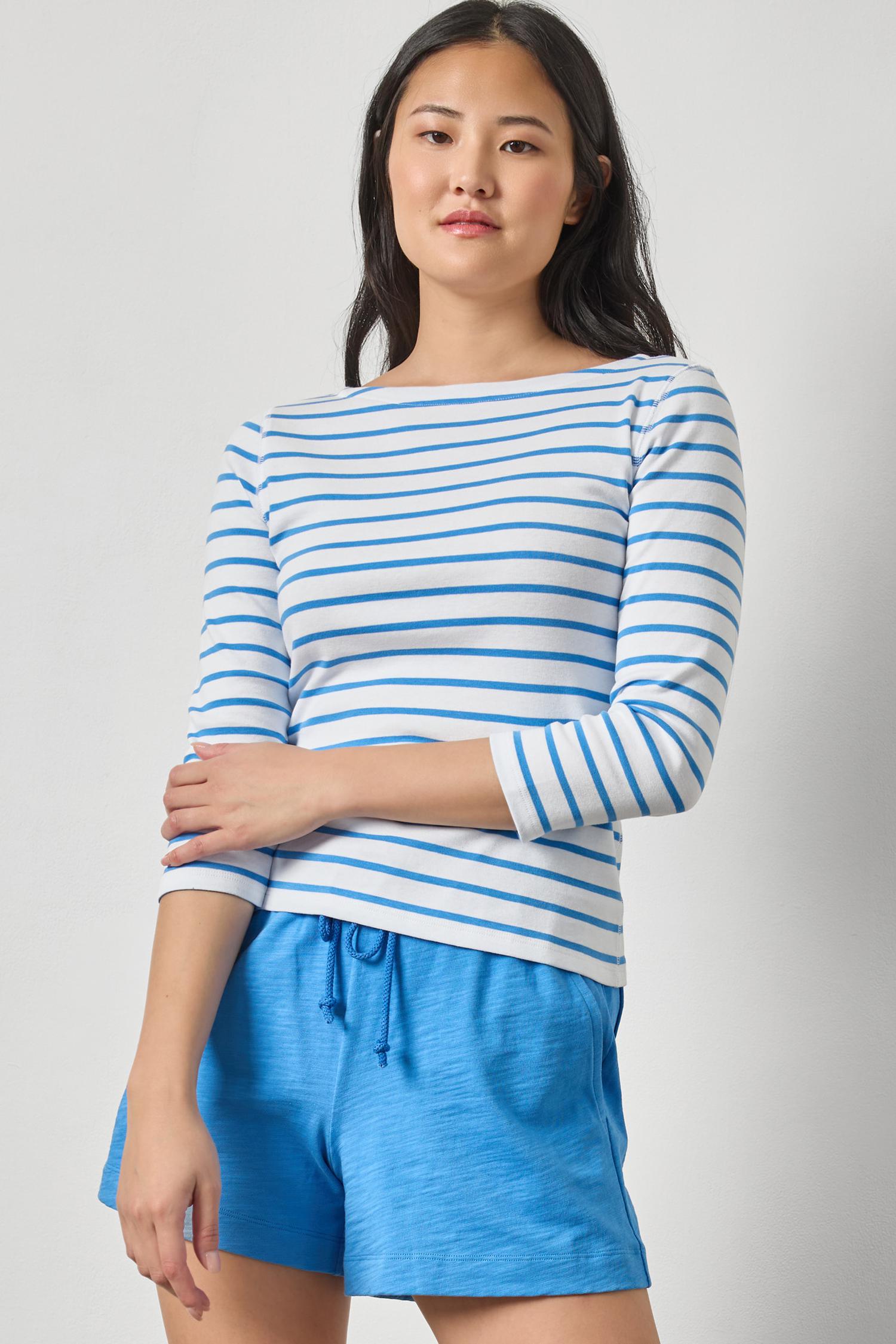 Women's striped cotton boatneck top by Lilla P with 3/4 sleeves and ribbed texture