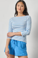 Women's striped cotton boatneck top by Lilla P with 3/4 sleeves and ribbed texture