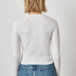 Back view of women's cotton ribbed long sleeve shirt by Lilla P in white with clean fit
