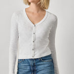 Women's ribbed cotton long sleeve top by Lilla P in white with snap V-neck and fitted silhouette