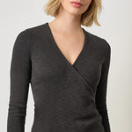 Women's ribbed cotton wrap top by Lilla P with 3/4 sleeves and surplice neckline