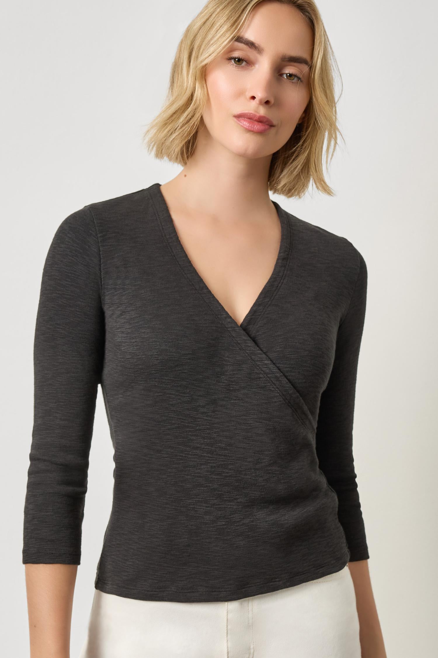 Women's ribbed cotton wrap top by Lilla P with 3/4 sleeves and surplice neckline
