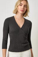 Women's ribbed cotton wrap top by Lilla P with 3/4 sleeves and surplice neckline