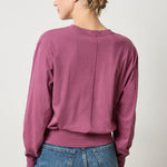 Back view of Lilla P Ribbed Trim Easy Crew in pink, lightweight women’s sweater with ribbed trim for fall outfit