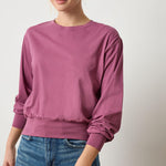 Lilla P Ribbed Trim Easy Crew sweater in pink, women’s fall knit with ribbed details, versatile layering staple, front view
