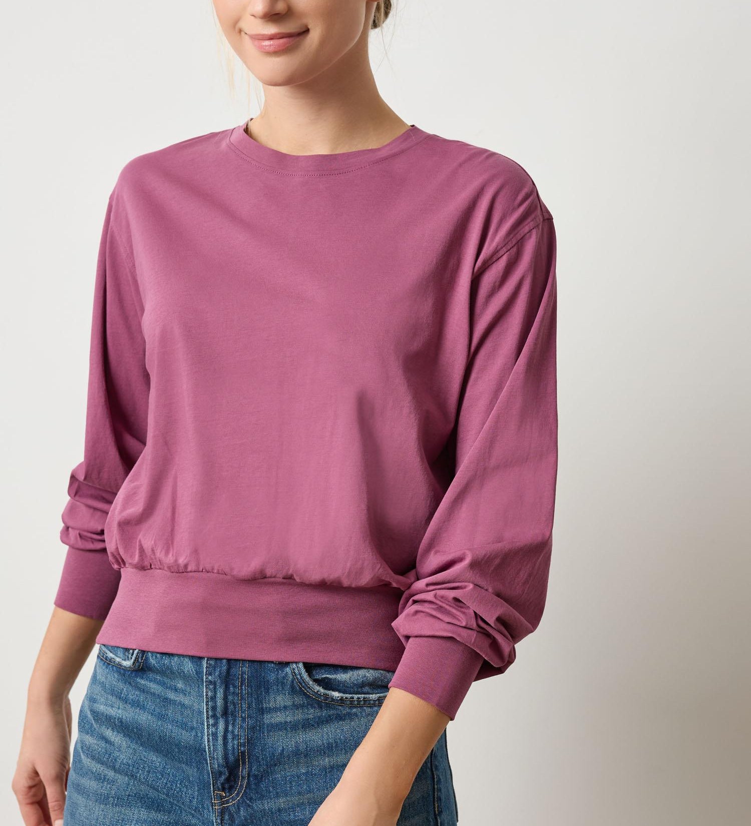 Lilla P Ribbed Trim Easy Crew sweater in pink, women’s fall knit with ribbed details, versatile layering staple, front view