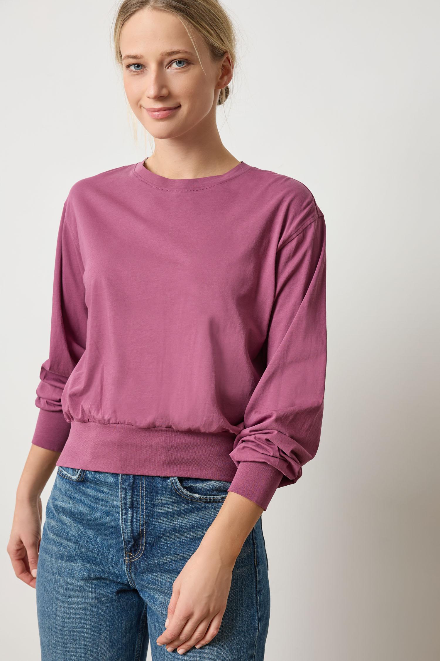 Lilla P Ribbed Trim Easy Crew sweater in pink, women’s fall knit with ribbed details, versatile layering staple, front view