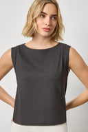 Women's sleeveless cotton boatneck top by Lilla P in black with rolled edge detail
