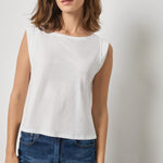 Women's sleeveless cotton top by Lilla P in white with boatneck neckline and soft fabric