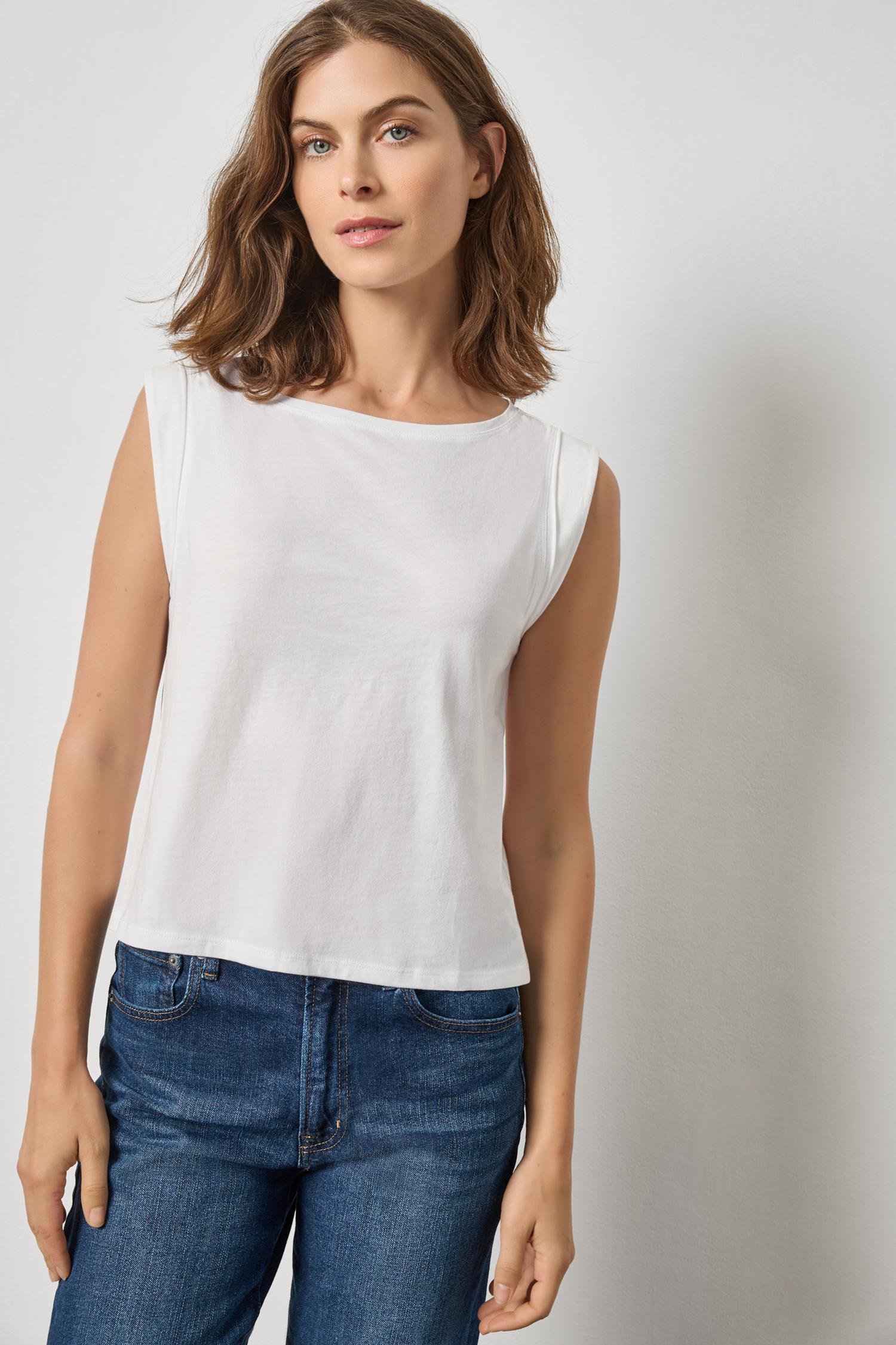 Women's sleeveless cotton top by Lilla P in white with boatneck neckline and soft fabric