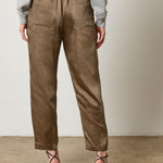 Back view of Lilla P Satin Fly Front Pant in satin twill, neutral colorway with elastic waistband, relaxed fit