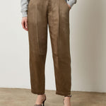 Lilla P Satin Fly Front Pant in satin twill, neutral colorway with fly front, elastic back, and relaxed silhouette, front view