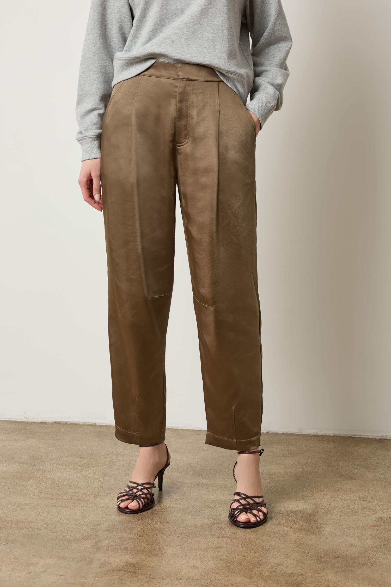 Lilla P Satin Fly Front Pant in satin twill, neutral colorway with fly front, elastic back, and relaxed silhouette, front view
