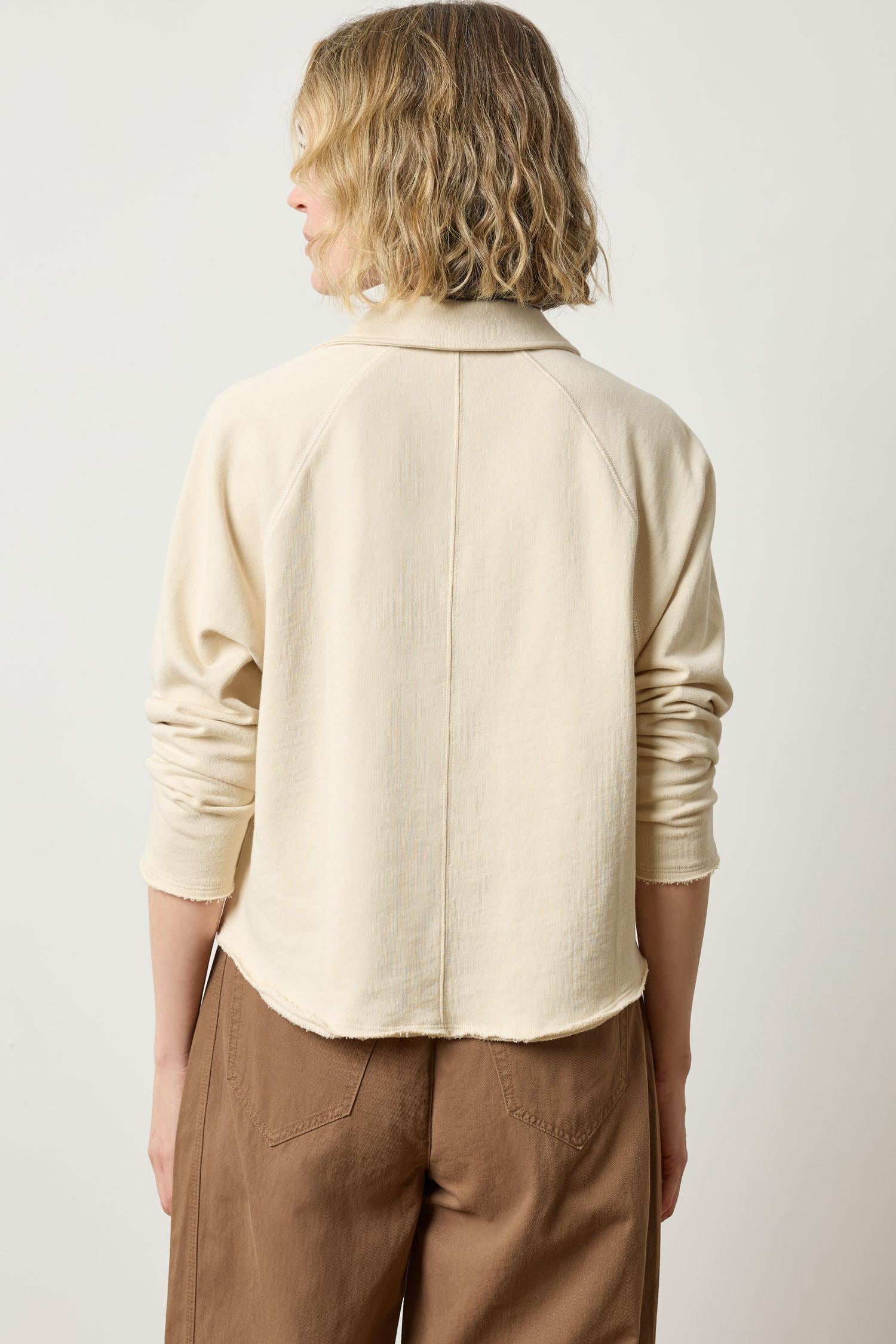 Back view of Lilla P Shirttail Polo sweatshirt top in French Terry 100% cotton, relaxed fit with shirttail hem, neutral tone