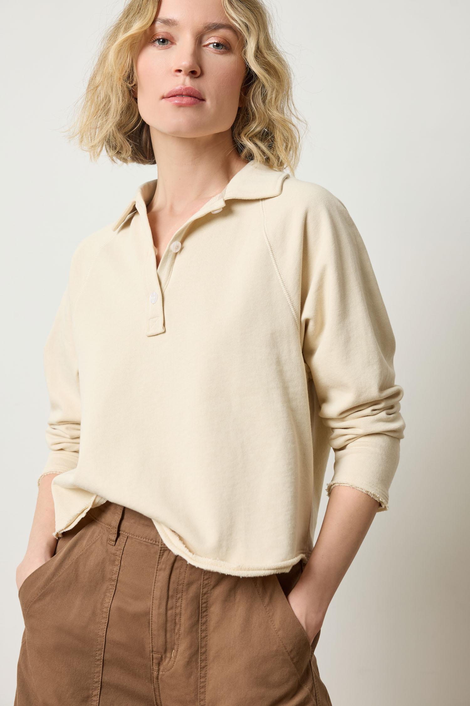 Lilla P Shirttail Polo sweatshirt top in French Terry cotton, neutral colorway with collar and button placket, relaxed fit, front view