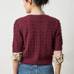 Back view of Lilla P Short Sleeve Cardigan Sweater in plum, short-sleeve knitwear with polished silhouette