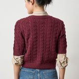 Back view of Lilla P Short Sleeve Cardigan Sweater in plum, short-sleeve knitwear with polished silhouette