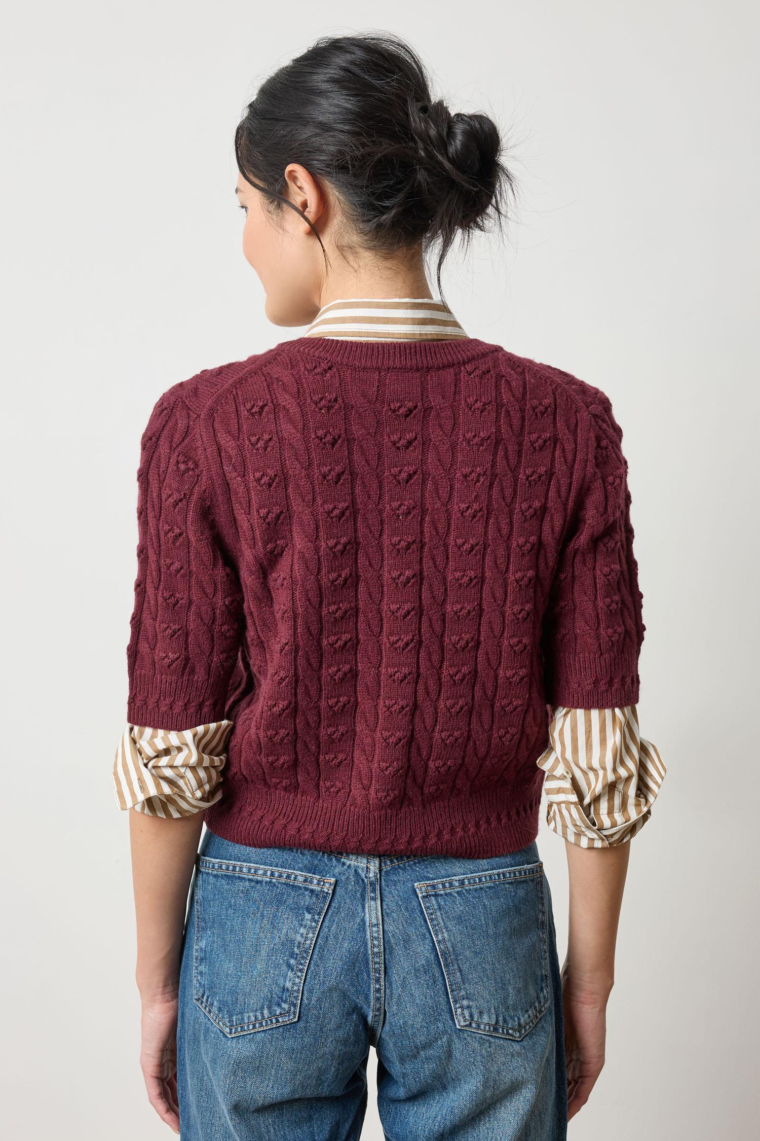 Back view of Lilla P Short Sleeve Cardigan Sweater in plum, short-sleeve knitwear with polished silhouette