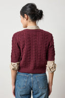 Back view of Lilla P Short Sleeve Cardigan Sweater in plum, short-sleeve knitwear with polished silhouette