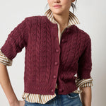 Lilla P Short Sleeve Cardigan Sweater in plum, women’s textured knit with button-up front, refined layering piec