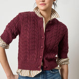 Lilla P Short Sleeve Cardigan Sweater in plum, women’s textured knit with button-up front, refined layering piec