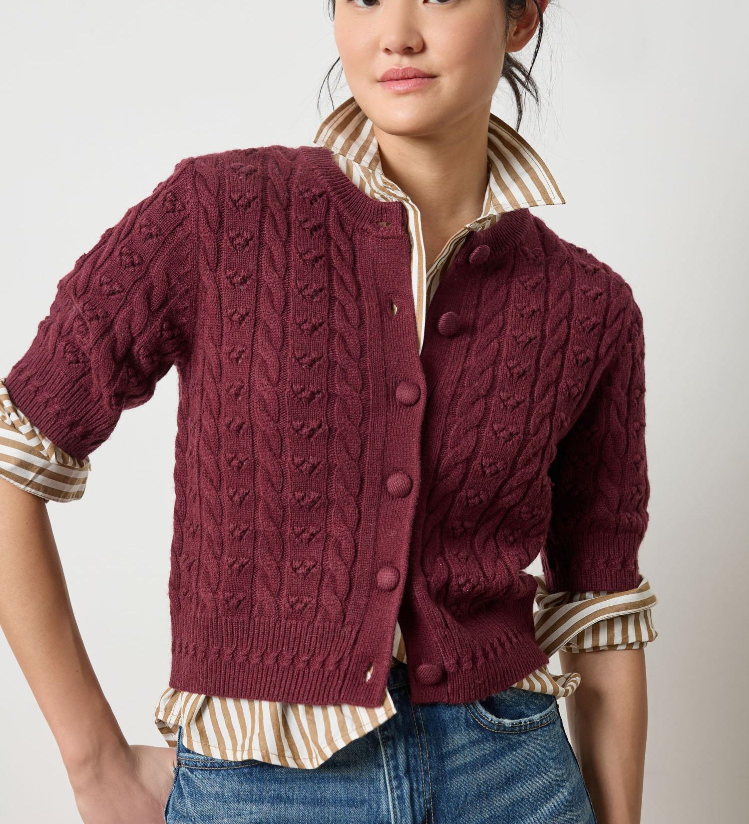 Lilla P Short Sleeve Cardigan Sweater in plum, women’s textured knit with button-up front, refined layering piec