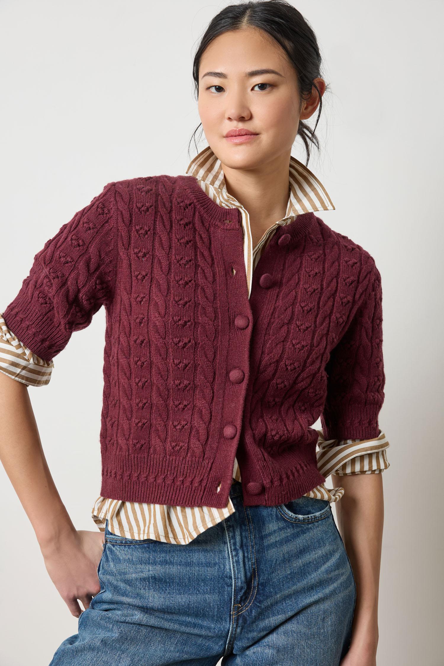 Lilla P Short Sleeve Cardigan Sweater in plum, women’s textured knit with button-up front, refined layering piec