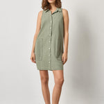 Women's sleeveless cotton shirt dress by Lilla P in sage with button front and collared neckline