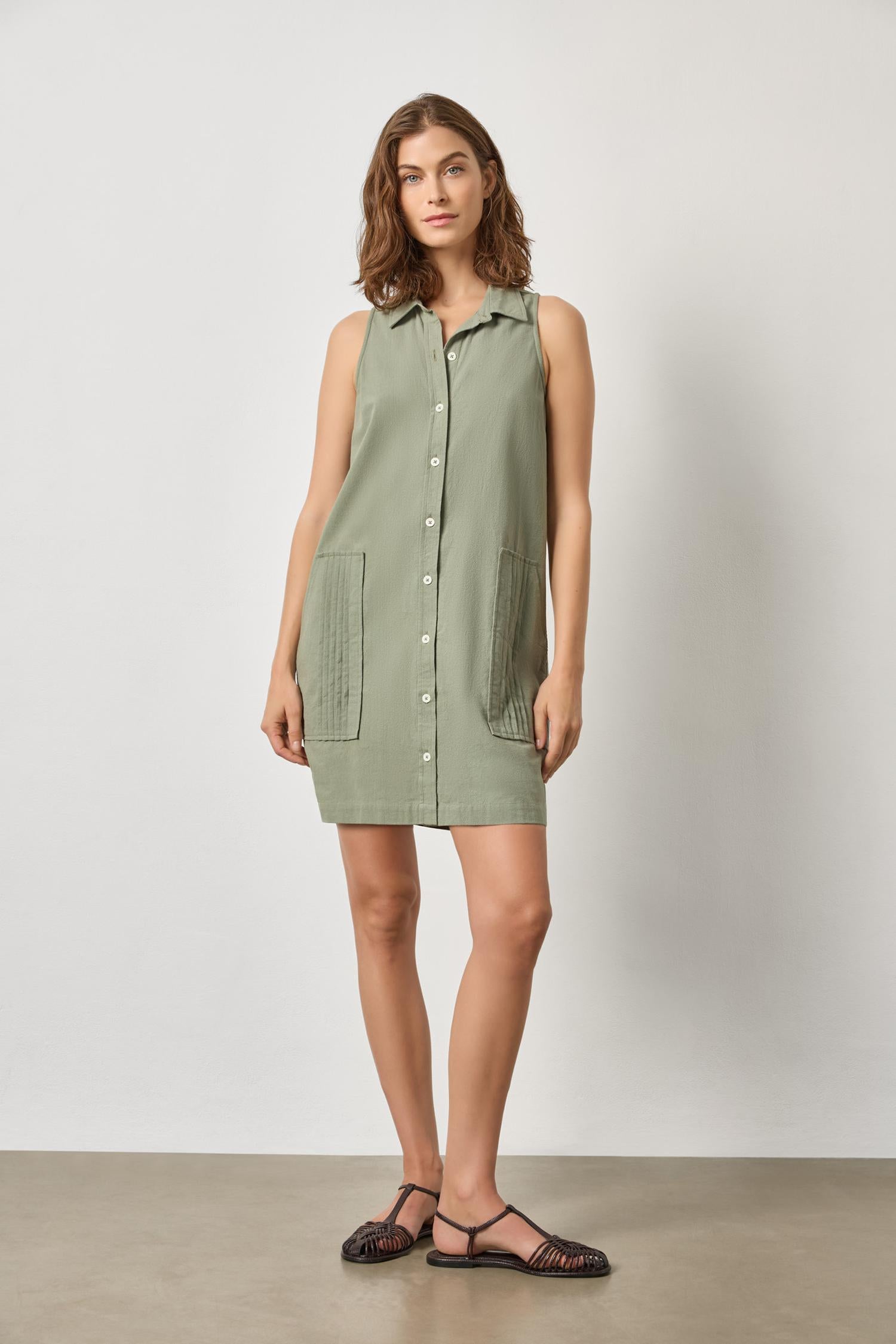 Women's sleeveless cotton shirt dress by Lilla P in sage with button front and collared neckline