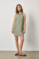 Women's sleeveless cotton shirt dress by Lilla P in sage with button front and collared neckline