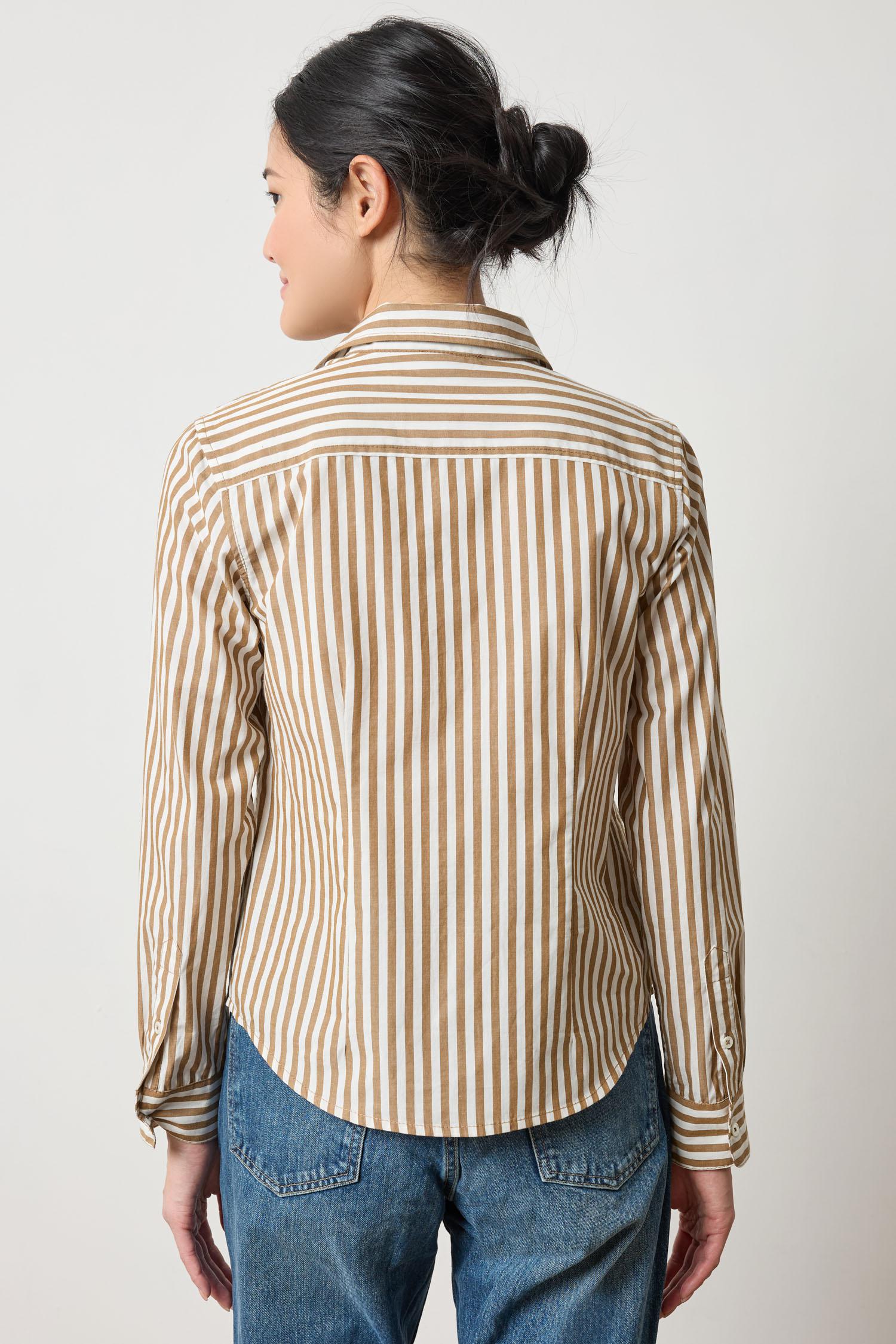 Back view of Lilla P Slim Fit Button Down Shirt in crisp poplin, tailored fit women’s poplin shir