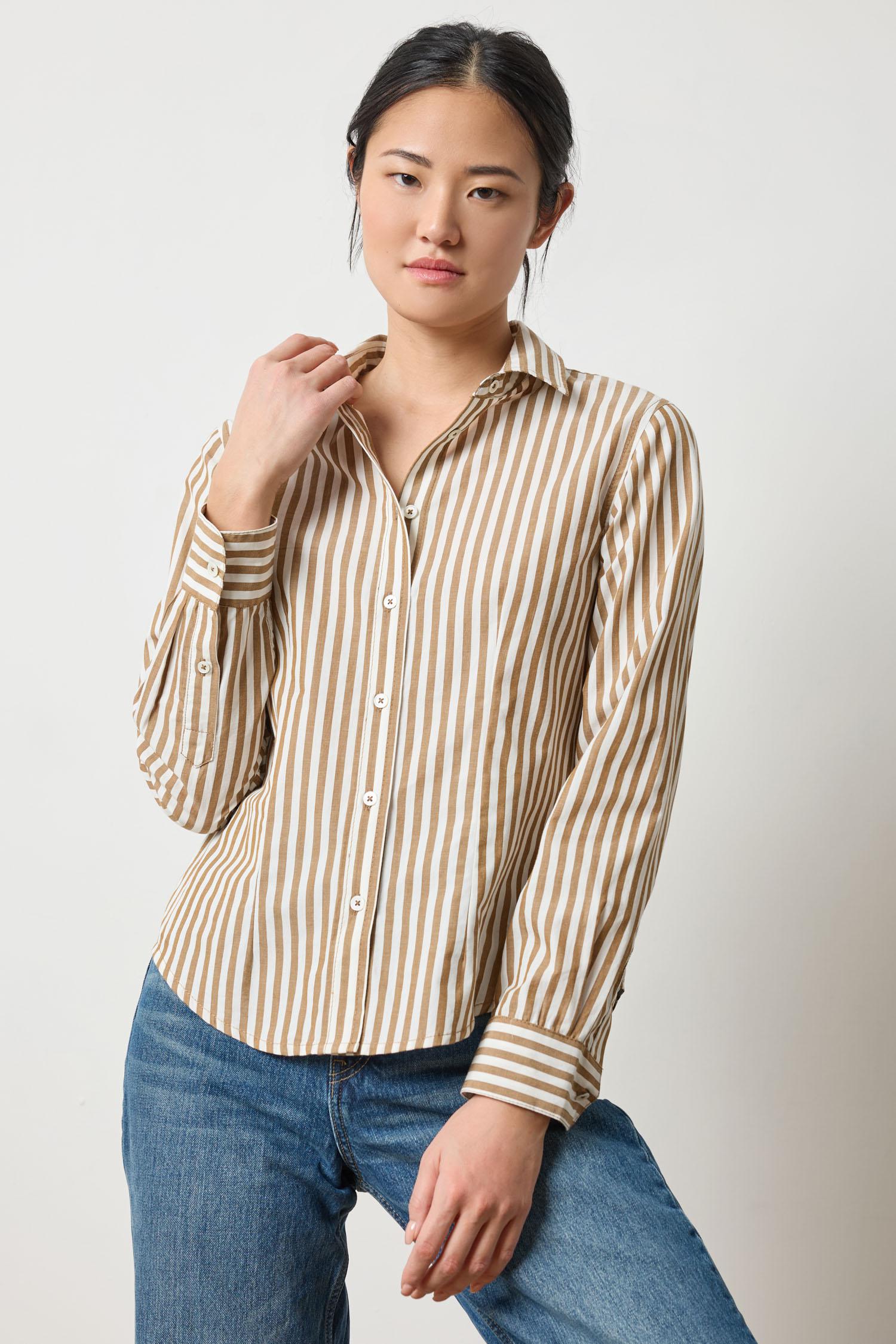 Lilla P Slim Fit Button Down Shirt in crisp poplin, women’s tailored button-up with feminine waist shape