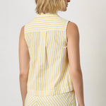 Back view of women's cotton striped button down shirt by Lilla P with relaxed oversized fit