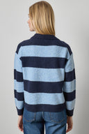 Back view of the Lilla P striped wool alpaca polo sweater in Clearwater
