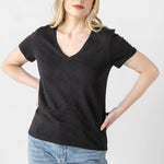 Lilla P V-neck short sleeve back seam tee in black – front view