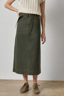 Lilla P Washed Twill Utility Skirt in 100% cotton with a midi silhouette and slanted front pockets