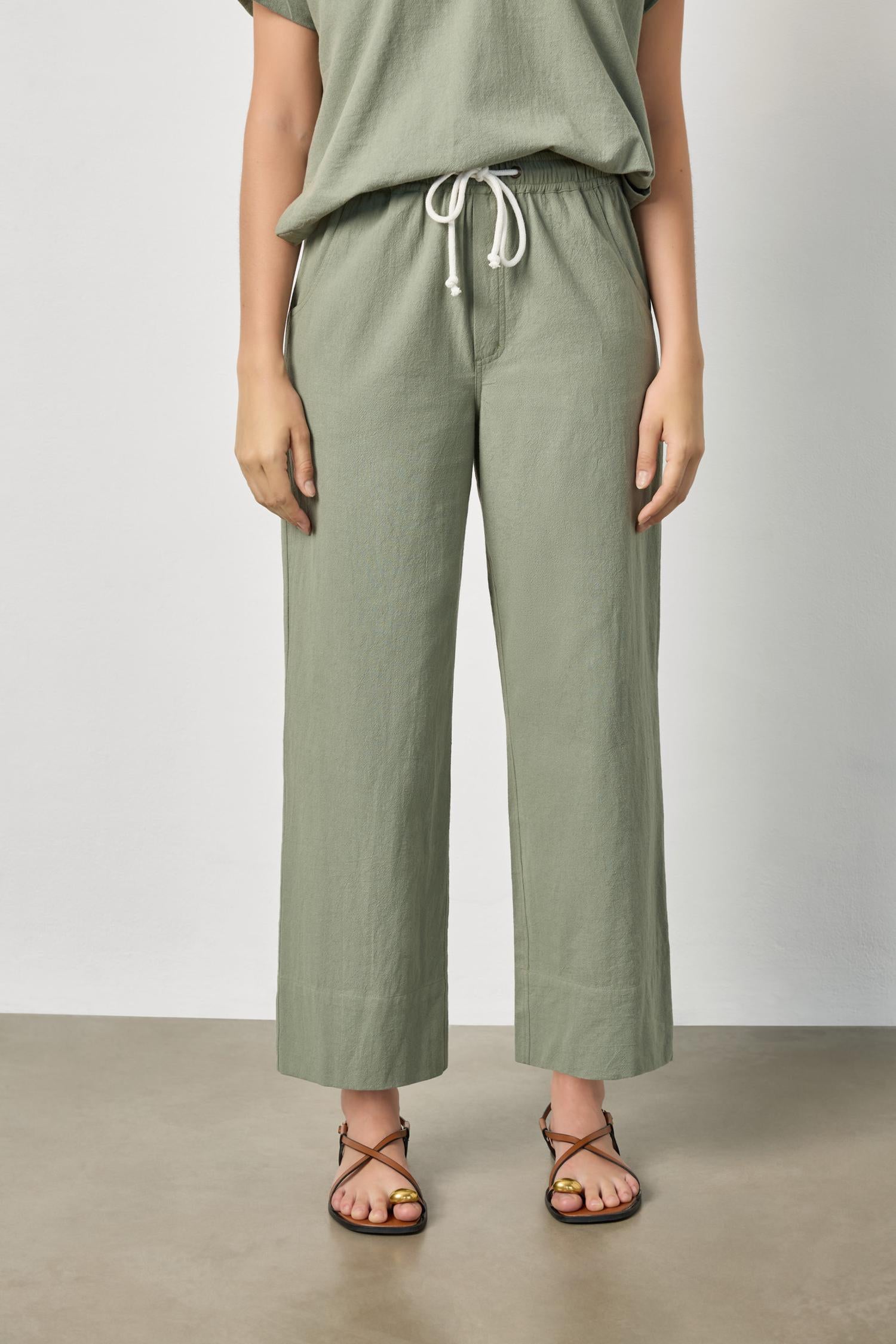 Women's wide leg cotton pants by Lilla P in sage with elastic waistband and relaxed fit