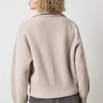 Back view of Lilla P Zip-Front Bomber Sweater in knit blend with ribbed cuffs and hem, neutral tone
