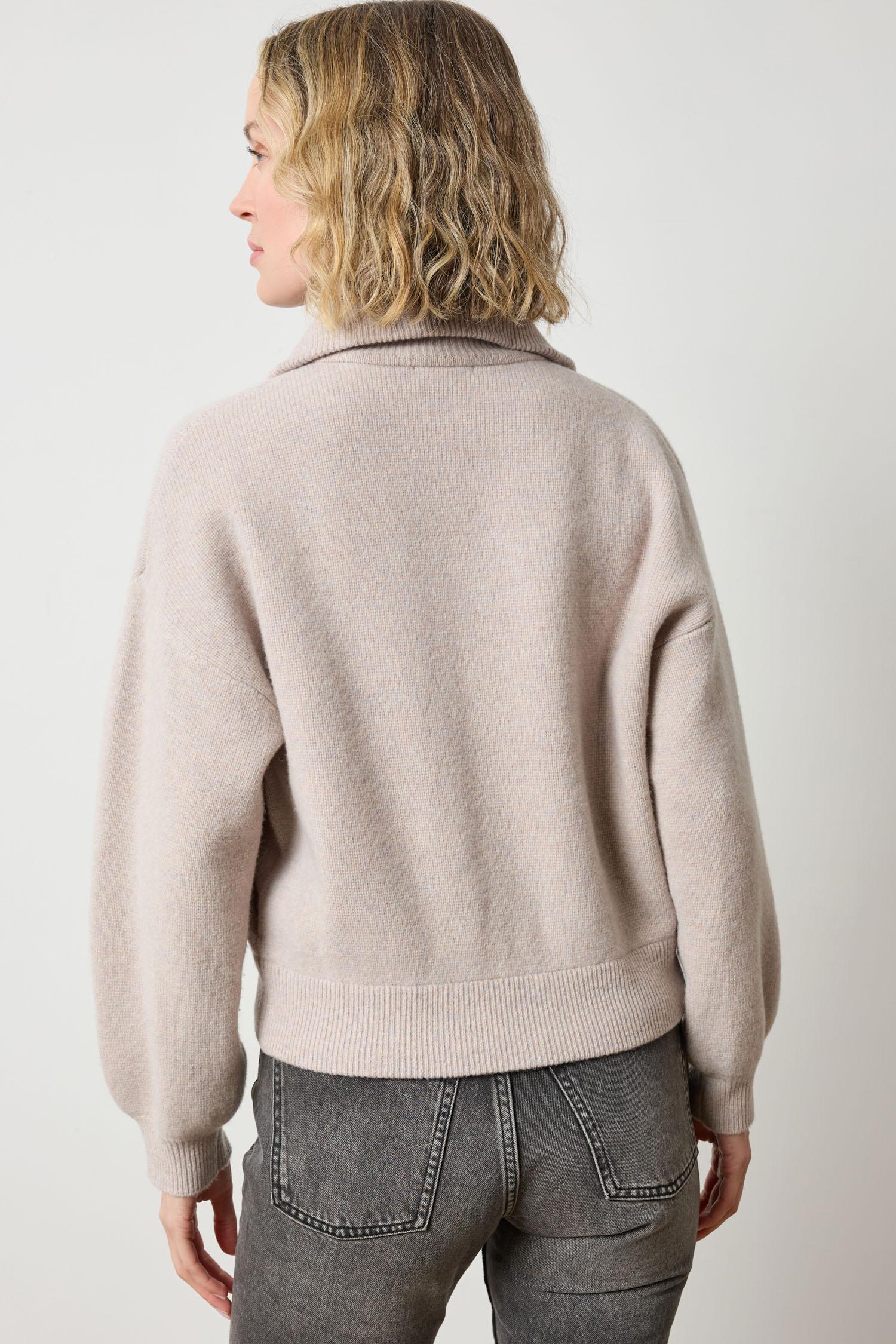 Back view of Lilla P Zip-Front Bomber Sweater in knit blend with ribbed cuffs and hem, neutral tone
