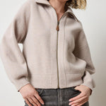 Lilla P Zip-Front Bomber Sweater in soft knit fabric, neutral colorway, relaxed bomber silhouette with zip closure, front view